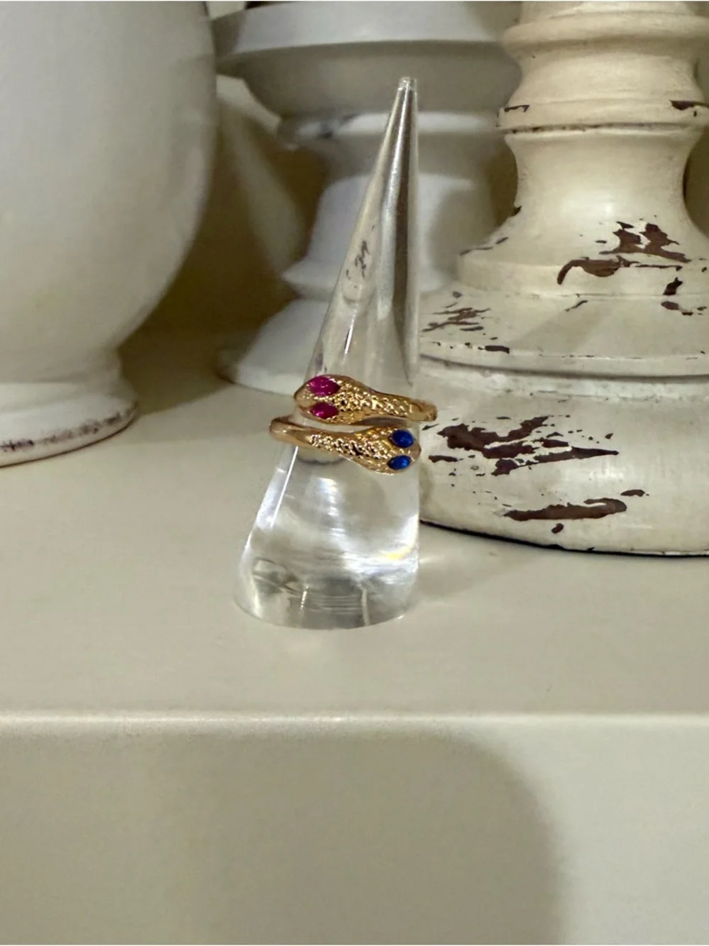 Gold Plated Double Snake Ring - Blue and Pink